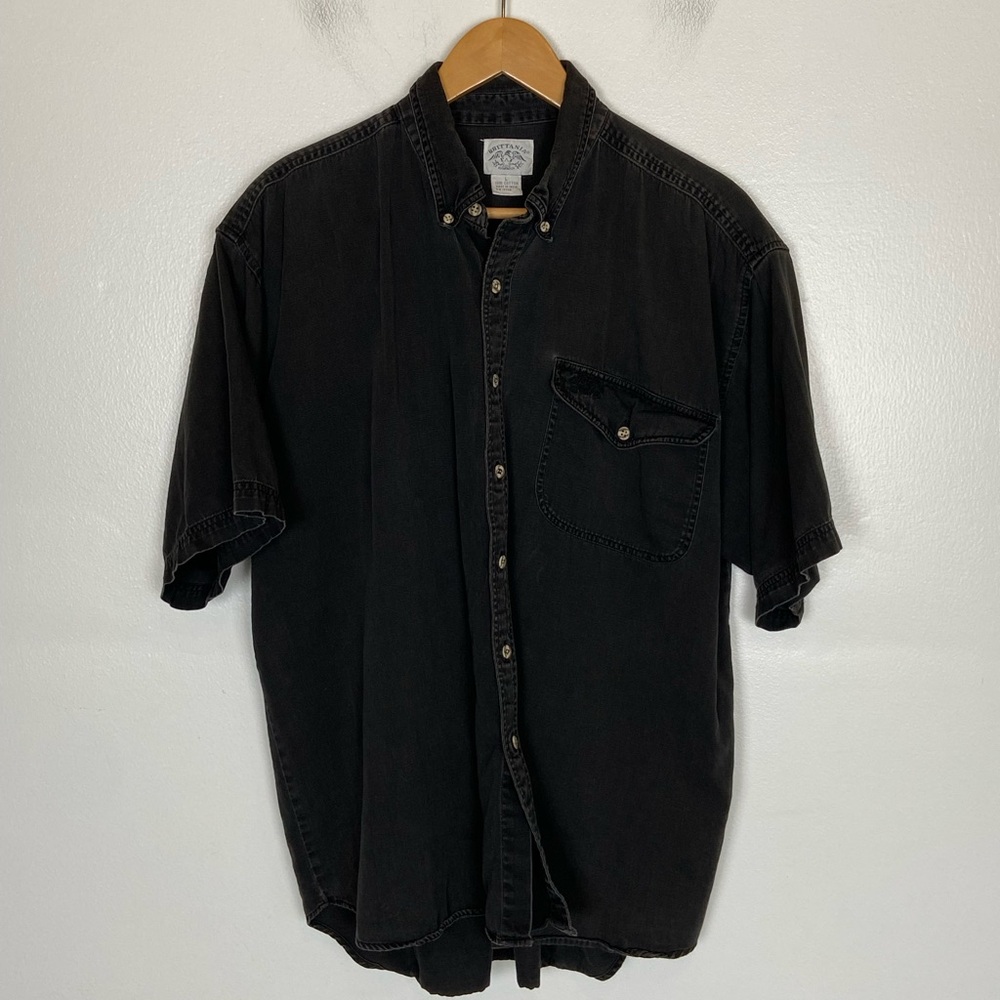 Brittania‎ Men's Chambray Denim Short Sleeves Shirt L Dusted Back Cotton Grunge
